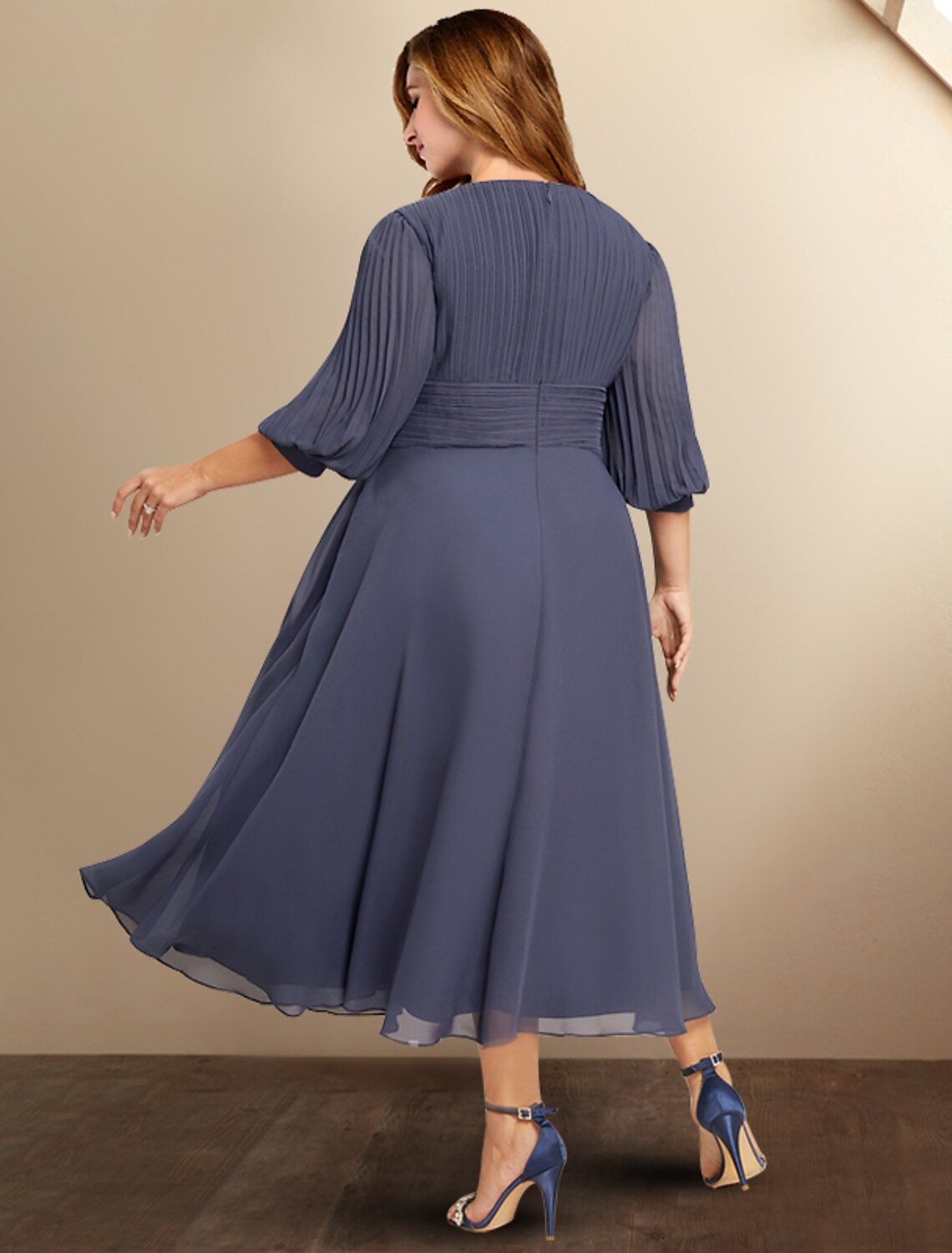 Luolandi A-Line Mother of the Bride Dresses Plus Size Hide Belly Curve Elegant Dress Formal Tea Length Half Sleeve V Neck Chiffon with Pleats