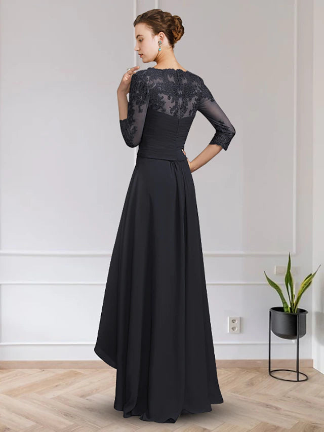 Luolandi A-Line Mother of the Bride Dress Elegant High Low V Neck Asymmetrical Floor Length Chiffon Lace Half Sleeve with Appliques
