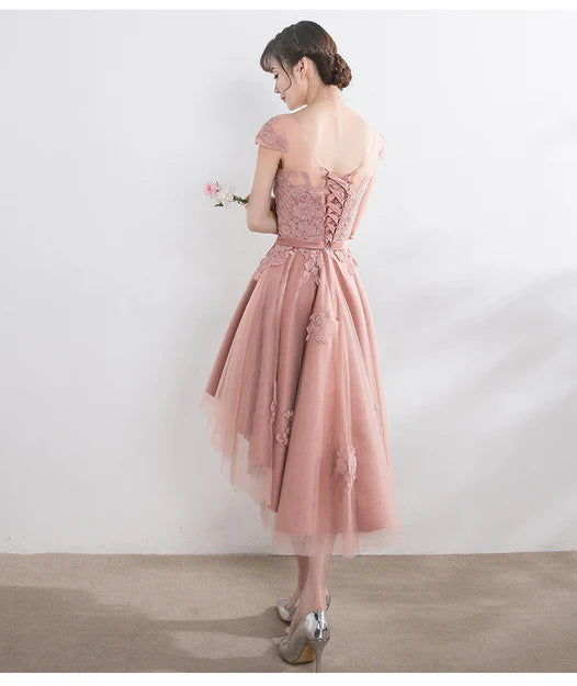 Luolandi Pink Lace Tulle Cap Sleeves Bridesmaid Dress Lovely Dark Pink Party Dress Cocktail Dress