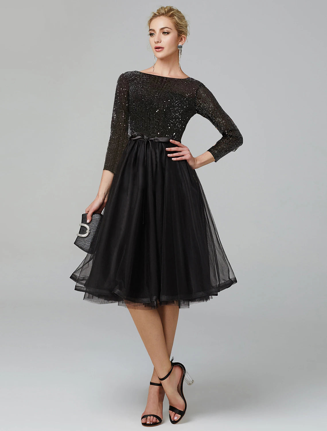 Luolandi A-Line Cocktail Dresses Sparkle & Shine Dress Formal Tea Length 3/4 Length Sleeve Jewel Neck Fall Wedding Guest Tulle with Sequin