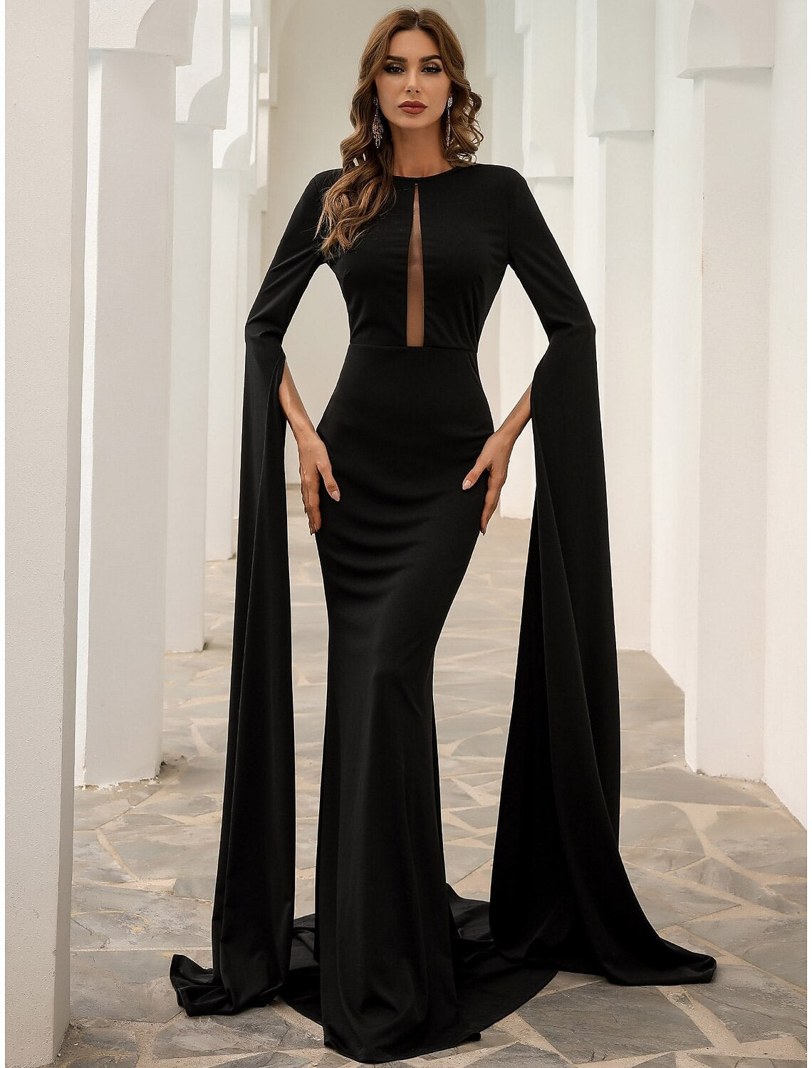 Luolandi Black Mermaid / Trumpet Evening Gown Elegant Dress Formal Fall Court Train Long Sleeve Jewel Neck Fabric