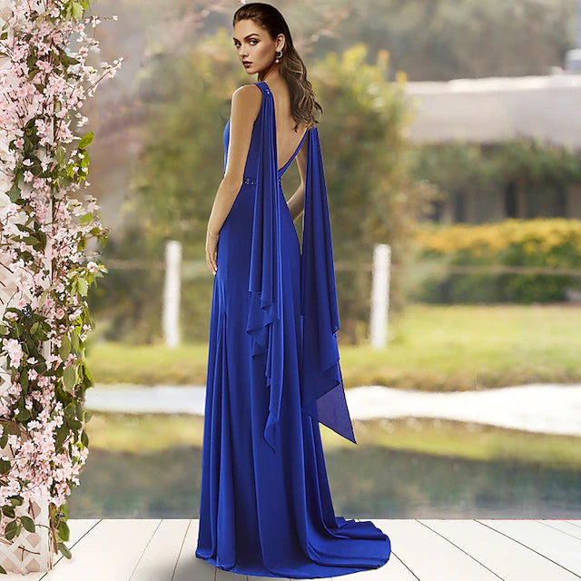 Luolandi Sheath / Column Mother of the Bride Dress Elegant Jewel Neck Sweep / Brush Train Chiffon Sleeveless with Sash / Ribbon