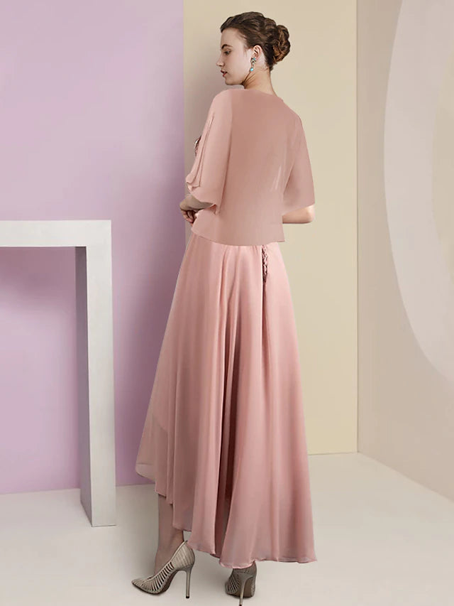 Luolandi Two Piece A-Line Mother of the Bride Dress Formal Wedding Guest Elegant High Low V Neck Asymmetrical Tea Length Chiffon Lace Short Sleeve Wrap Included