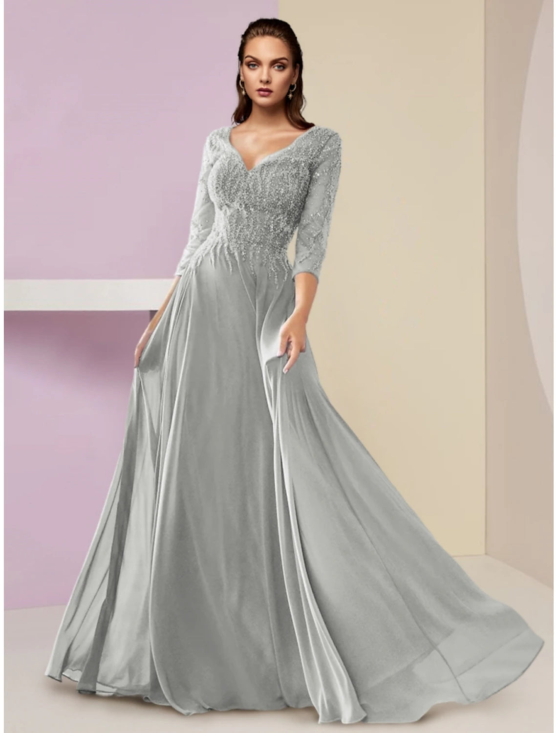 Luolandi A-Line Mother of the Bride Dress Wedding Guest Party Elegant V Neck Floor Length Chiffon 3/4 Length Sleeve with Sequin