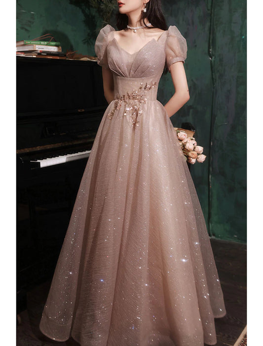 A-Line Prom Dresses Sparkle & Shine Dress Prom Valentine's Day Floor Length Short Sleeve V Neck Tulle