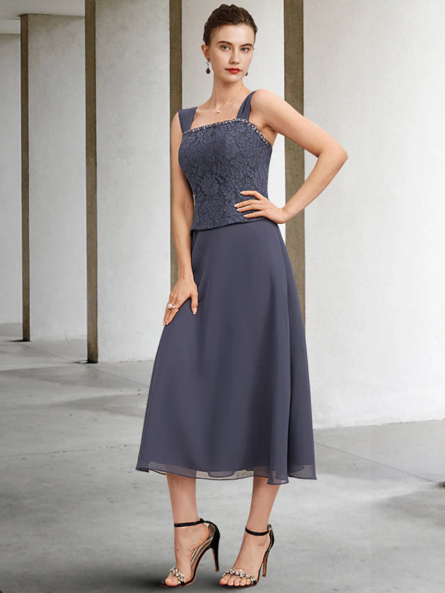 Luolandi A-Line 3 Piece Mother of the Bride Dress Plus Size Elegant Square Neck Tea Length Chiffon Lace Sleeveless Wrap Included Jacket Dresses with Crystals