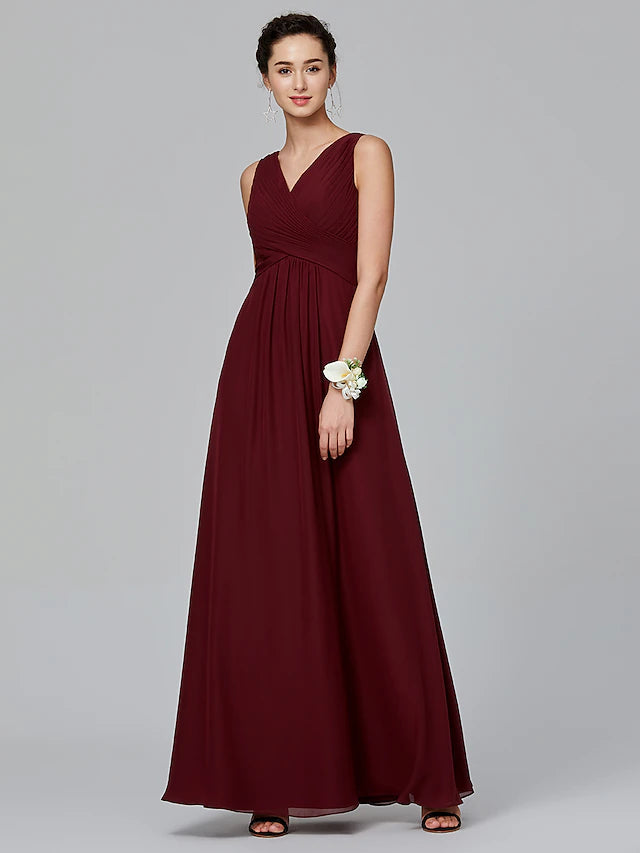 Luolandi A-Line Bridesmaid Dress V Neck Sleeveless Floor Length Chiffon with Criss Cross / Side