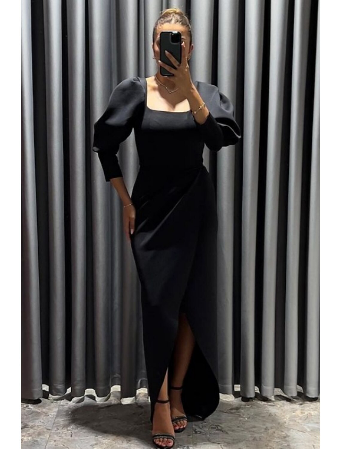 Luolandi Black Dress Sheath / Column Evening Gown Elegant Dress Formal Fall Asymmetrical 3/4 Length Sleeve Square Neck Fabric