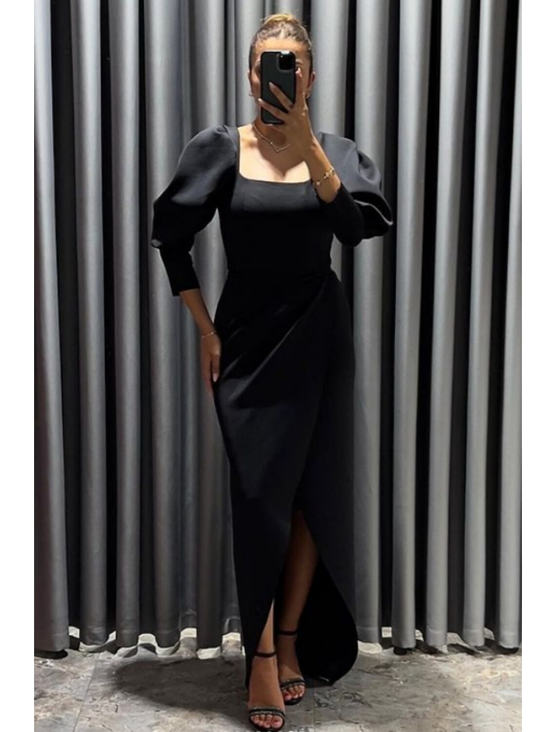 Black Dress Sheath / Column Evening Gown Elegant Dress Formal Fall Asymmetrical 3/4 Length Sleeve Square Neck Stretch Fabric