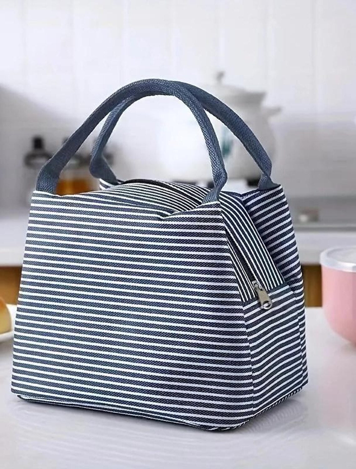 Striped Pattern Lunch Bag, Fashion Zipper Handbag, Waterproof Insulated Lunch Tote Bag For Picnic & Travel