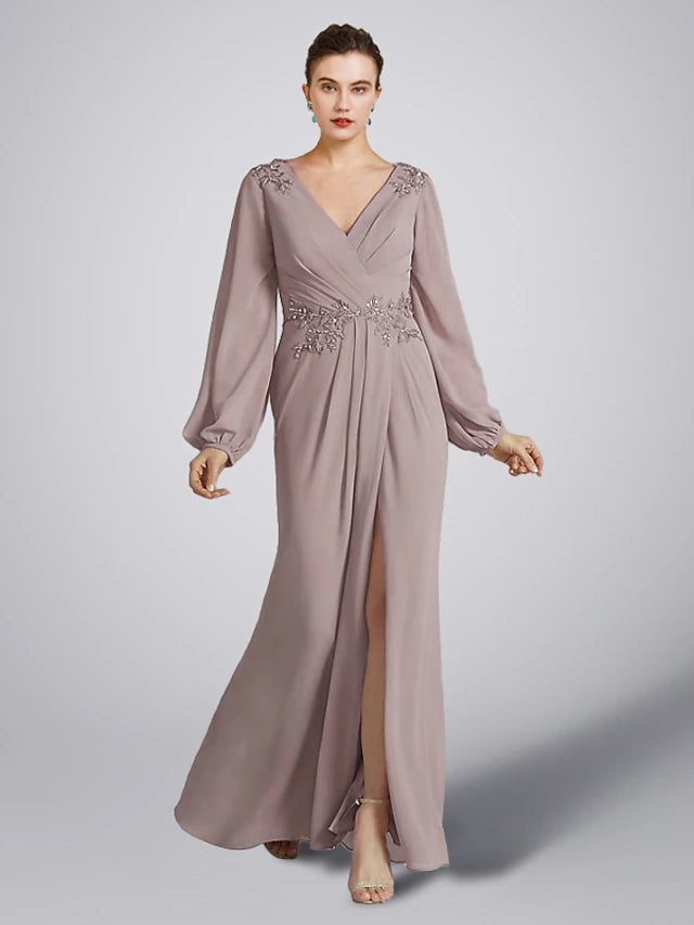 Luolandi A-Line Mother of the Bride Dress Plus Size Elegant V Neck Floor Length Chiffon Long Sleeve