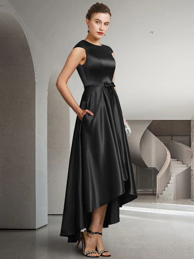 Luolandi A-Line Mother of the Bride Dress Elegant High Low Jewel Neck Asymmetrical Satin Sleeveless with Bow(s)