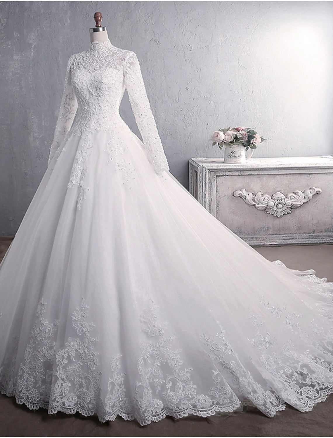 Luolandi Engagement Formal Wedding Dresses Ball Gown High Neck Long Sleeve Court Train Lace Bridal Gowns