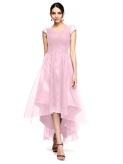 A-Line Special Occasion Dresses Open Back Dress Wedding Guest Asymmetrical Short Sleeve V Neck Tulle with Criss Cross