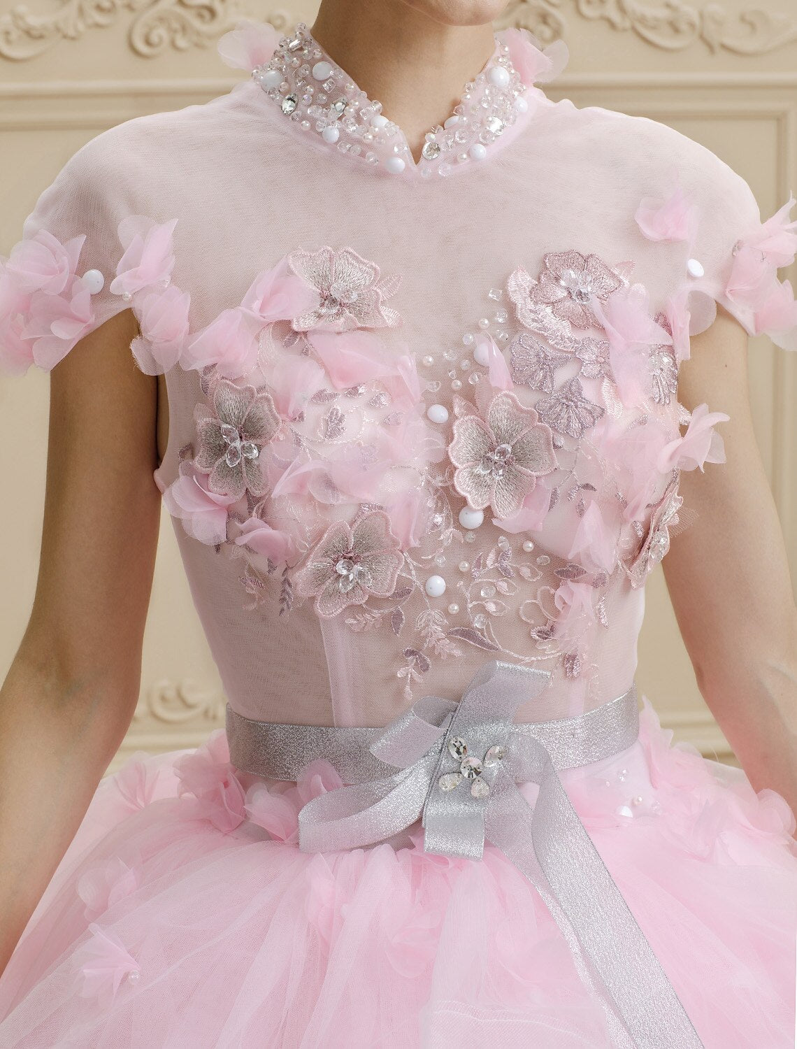 Luolandi Ball Gown High Neck Floor Length Organza Tulle Wedding Dress with Crystal Beading Bow