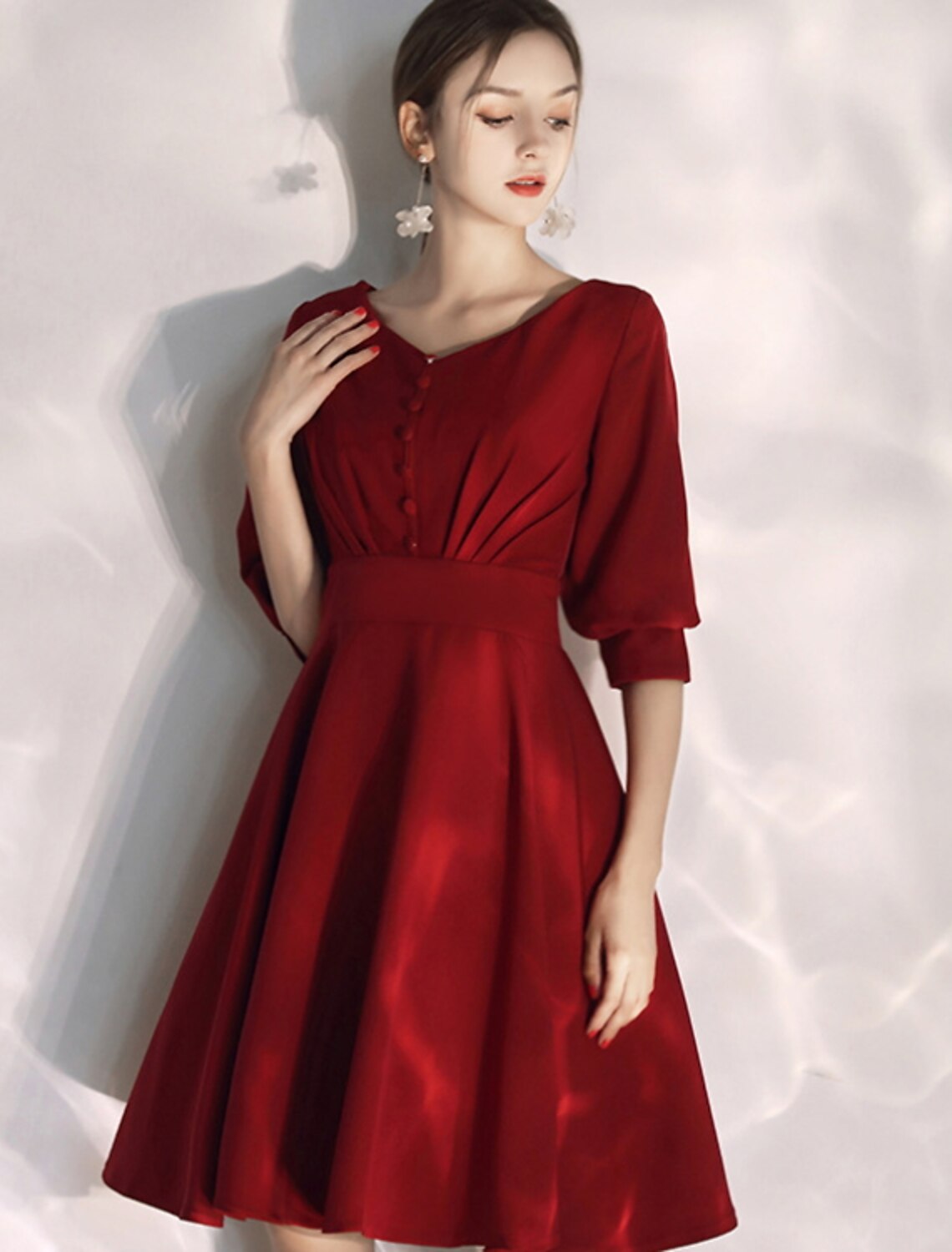 Luolandi Reception Little Dresses Wedding Dresses A-Line V Neck Half Sleeve Knee Length Fabric Bridal Gowns