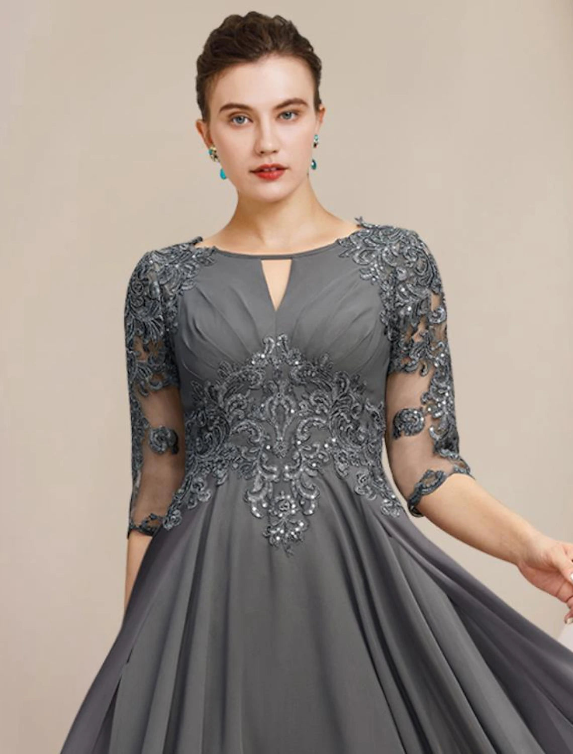 Luolandi A-Line Mother of the Bride Dress Formal Wedding Guest Elegant High Low Scoop Neck Tea Length Chiffon Lace Half Sleeve with Sequin