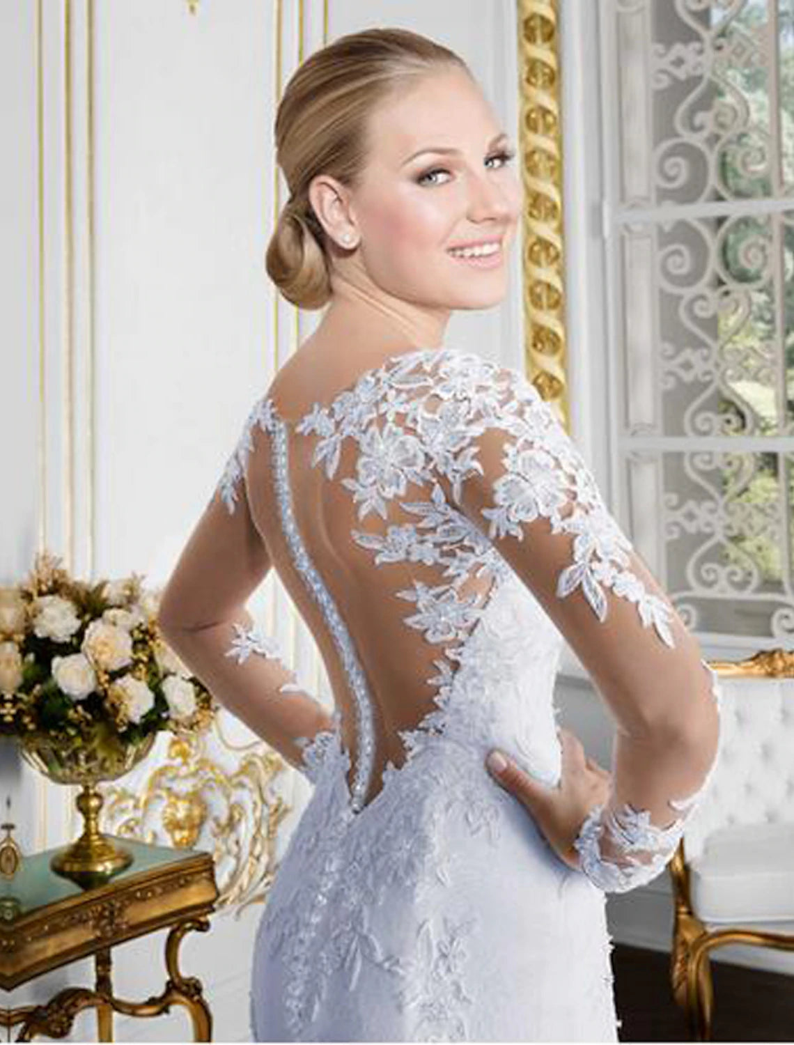 Luolandi Open Back Sexy Formal Fall Wedding Dresses Mermaid / Trumpet Illusion Neck Long Sleeve Chapel Train Lace Bridal Gowns