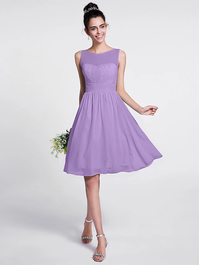 Luolandi A-Line Bridesmaid Dress Scoop Neck Sleeveless Knee Length Chiffon with Ruched / Draping A-Line Bridesmaid Dress Scoop Neck Sleeveless Knee Length Chiffon with Ruched Pure Color