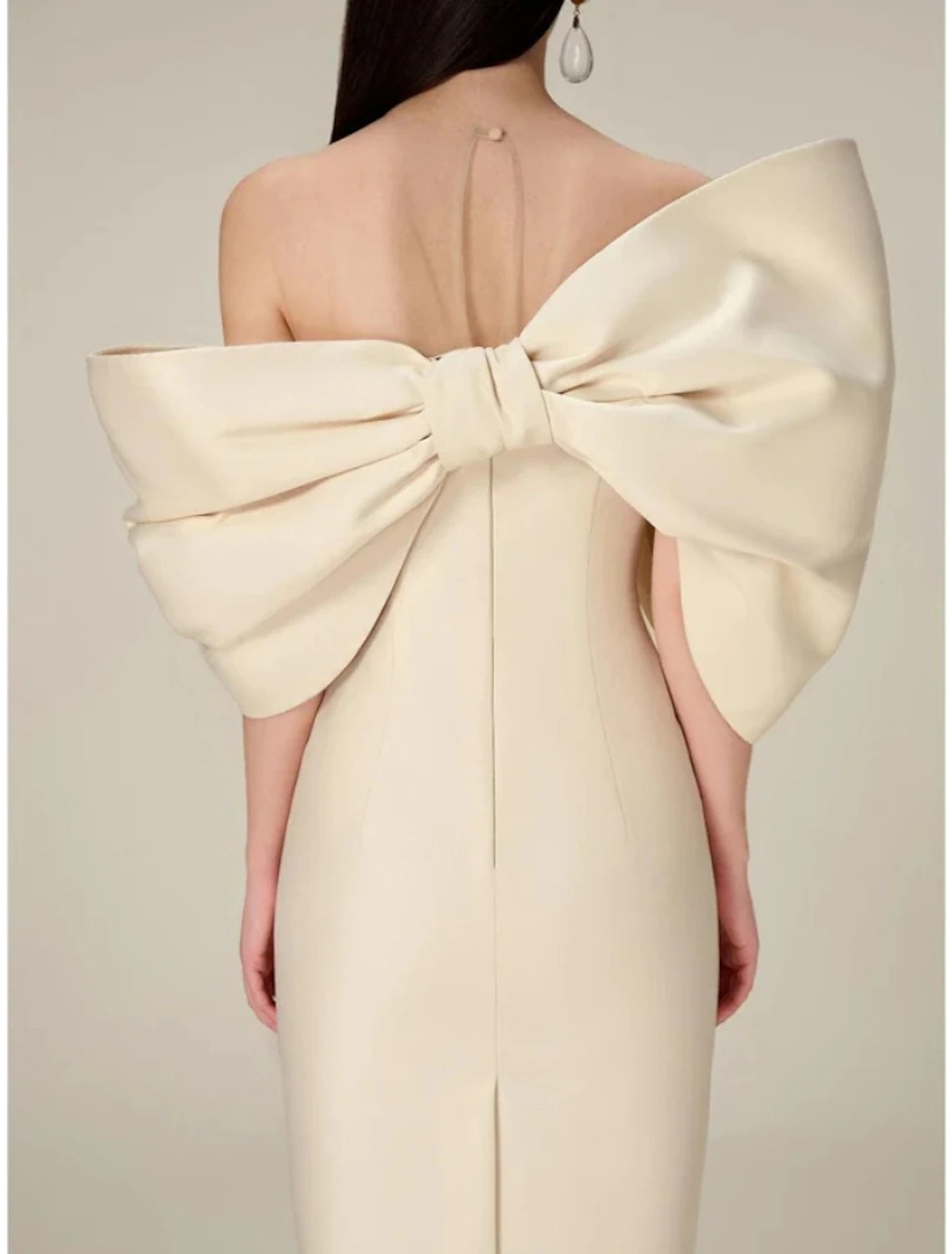 Sheath / Column Evening Gown Elegant Dress Formal Tea Length Half Sleeve Off Shoulder Satin with Bow(s)