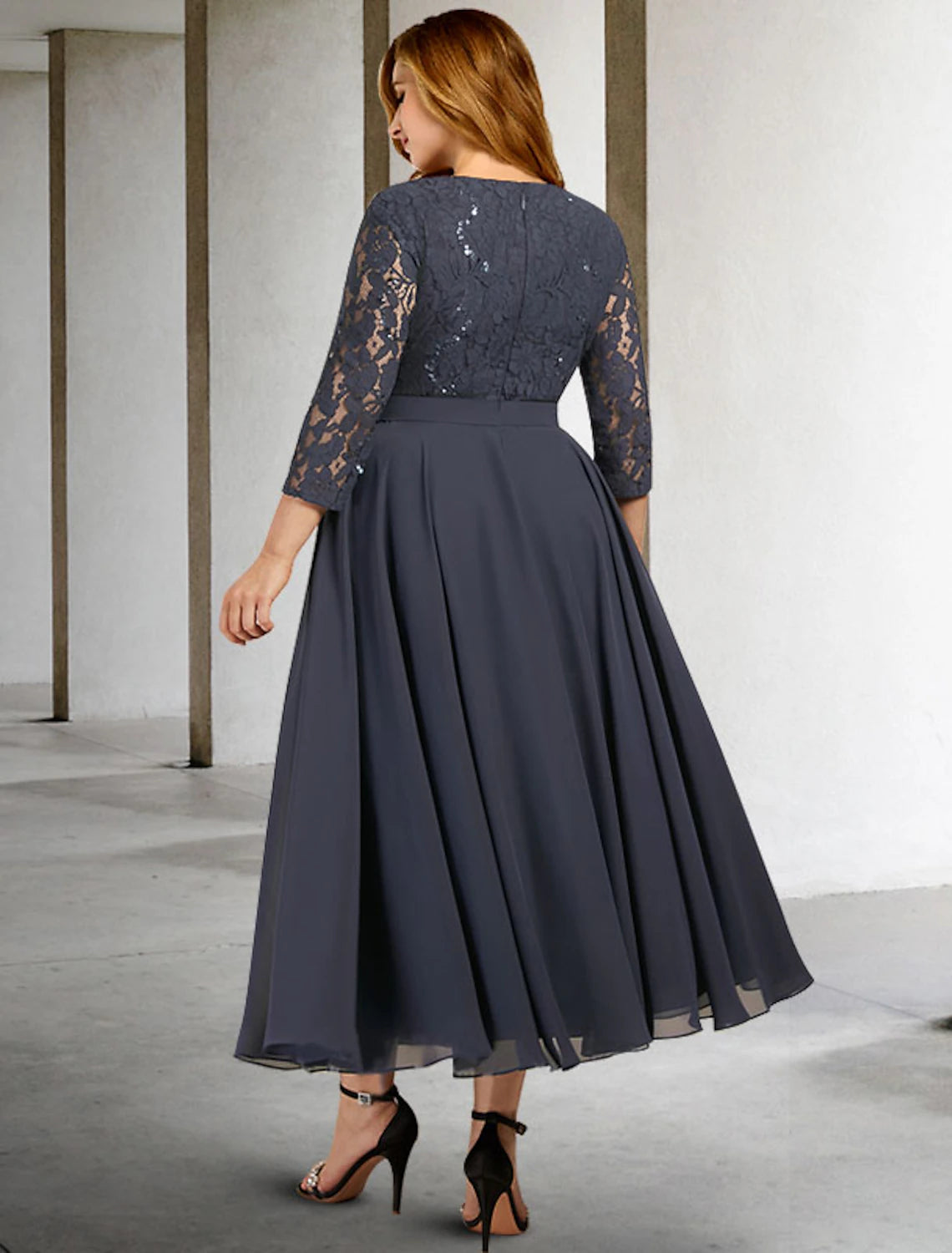 Luolandi A-Line Mother of the Bride Dresses Plus Size Hide Belly Curve Elegant Dress Formal Tea Length 3/4 Length Sleeve Jewel Neck Chiffon