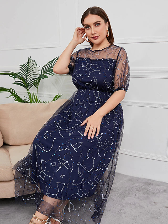 Luolandi Plus Size Curve Mother of the Bride Dress Party Sparkle & Shine Scoop Neck Ankle Length Tulle Half Sleeve with Sequin
