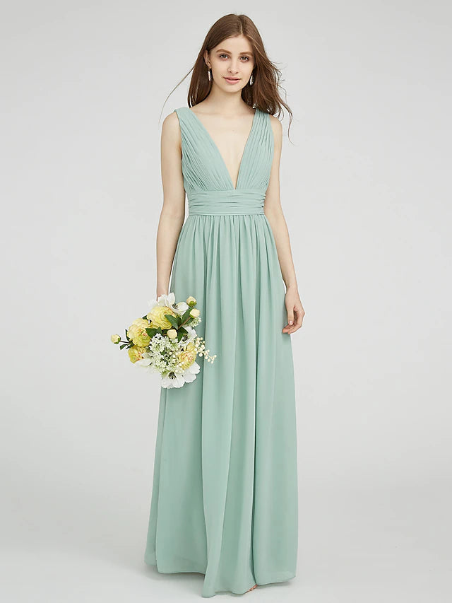 Luolandi Sheath / Column Bridesmaid Dress V Neck Sleeveless Elegant Floor Length Chiffon with Ruched / Side