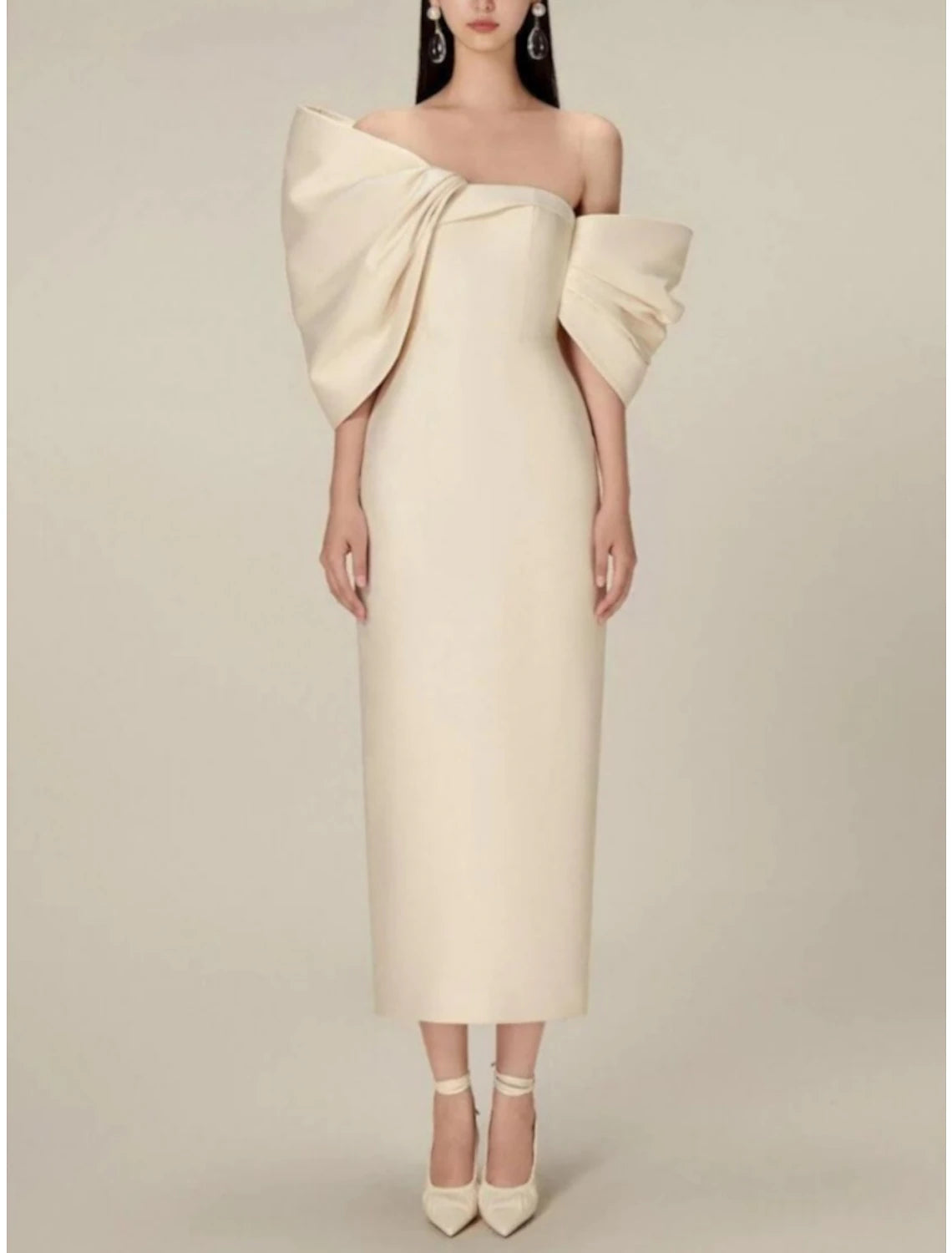 Luolandi Sheath / Column Evening Gown Elegant Dress Formal Tea Length Half Sleeve Off Shoulder Satin with Bow(s)