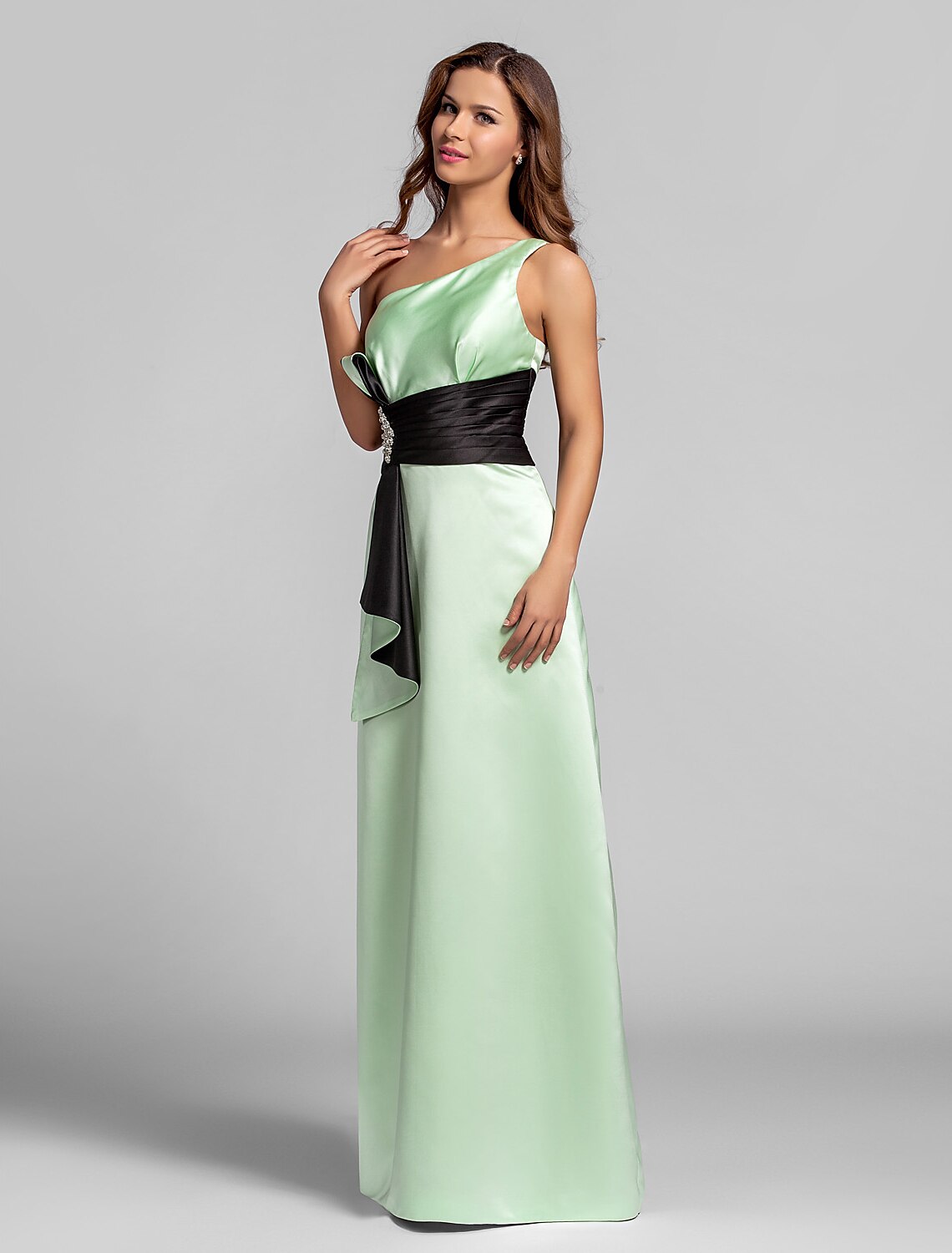 Luolandi A-Line One Shoulder Floor Length Satin Bridesmaid Dress with Crystal Brooch