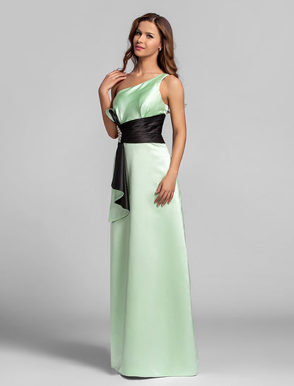 A-Line One Shoulder Floor Length Satin Bridesmaid Dress with Crystal Brooch