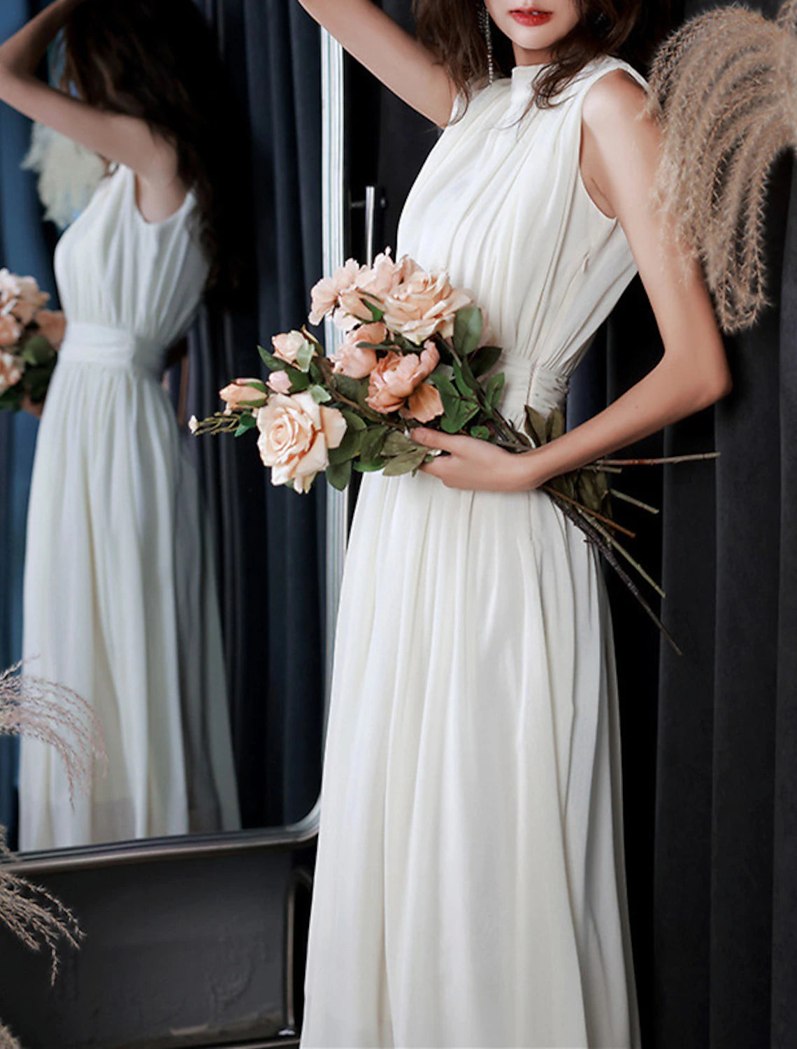 Luolandi Reception Little Dresses Wedding Dresses A-Line High Neck Sleeveless Tea Length Chiffon Bridal Gowns With Pleats