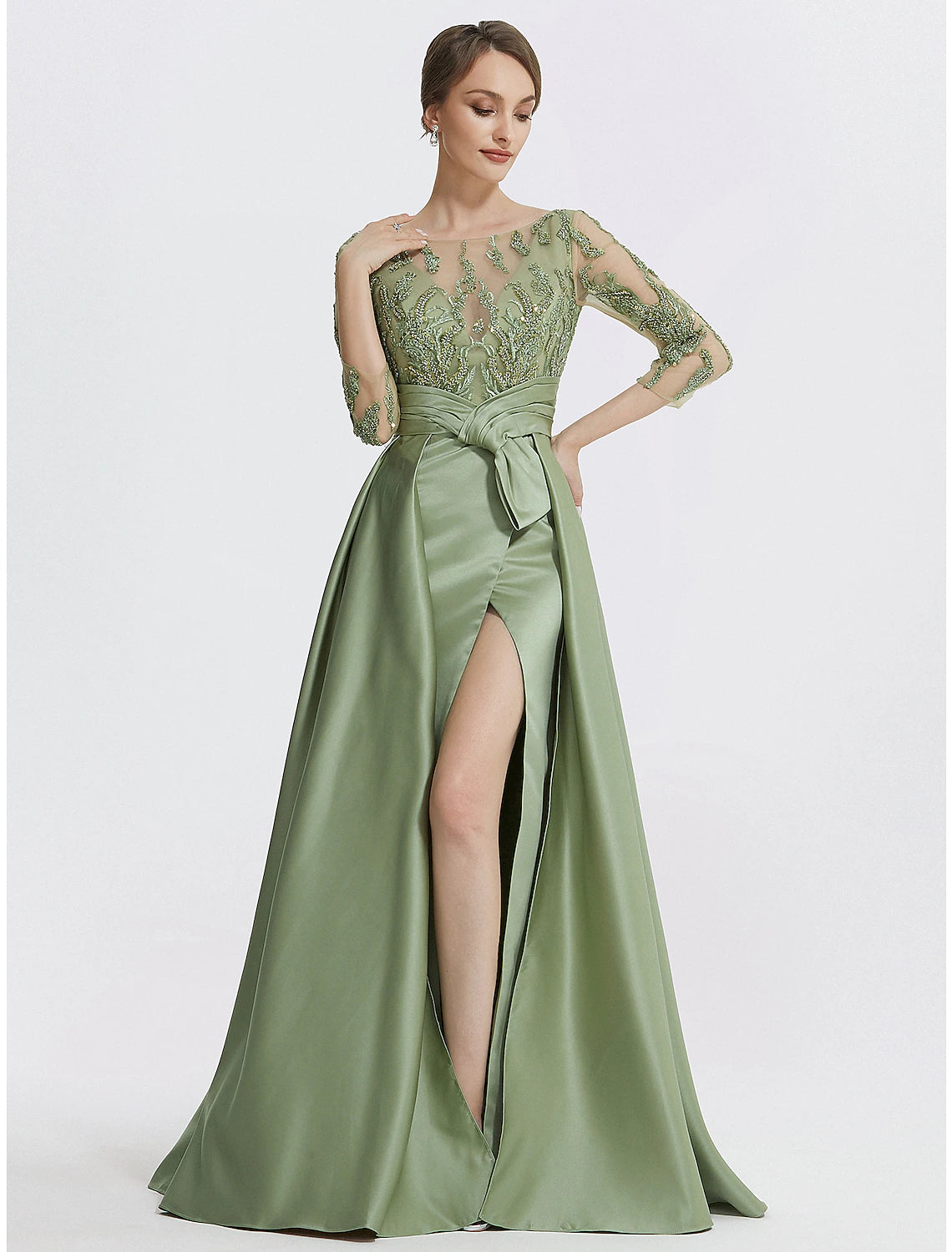 Luolandi A-Line Evening Gown Elegant Dress Formal Floor Length 3/4 Length Sleeve Jewel Neck Satin with Slit Embroidery