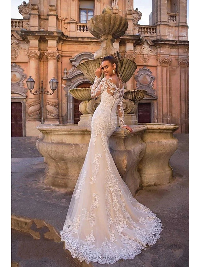 Luolandi Engagement Formal Fall Wedding Dresses Mermaid / Trumpet Illusion Neck Long Sleeve Court Train Lace Bridal