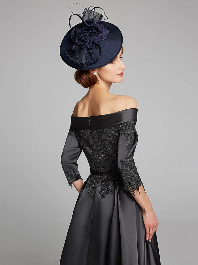 Luolandi A-Line Mother of the Bride Dress Plus Size Sexy Off Shoulder Tea Length Satin Lace 3/4 Length Sleeve