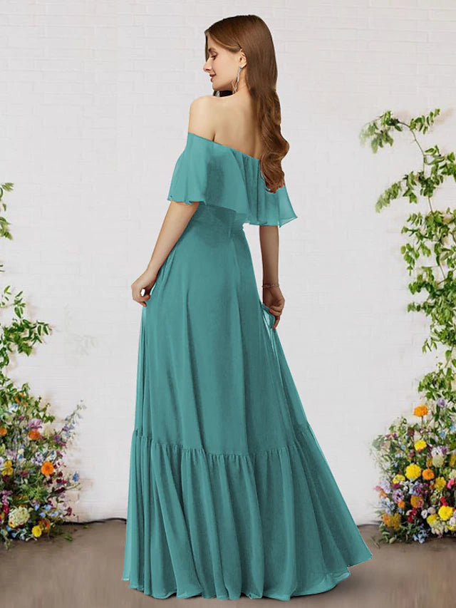Luolandi A-Line Bridesmaid Dress Off Shoulder Sleeveless Elegant Floor Length Chiffon