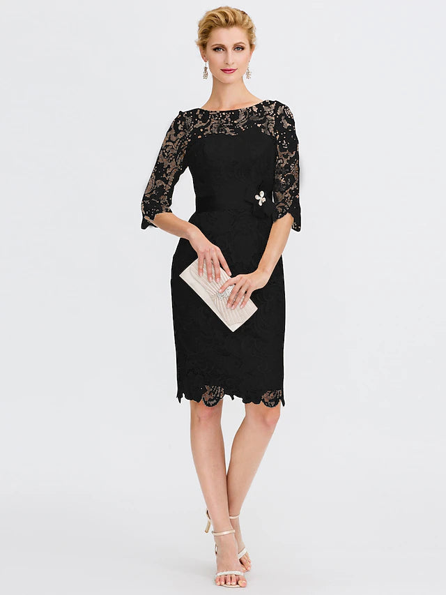 Luolandi Sheath / Column Mother of the Bride Dress Formal Wedding Guest Plus Size Elegant Illusion Neck Knee Length All Over Lace 3/4 Length Sleeve