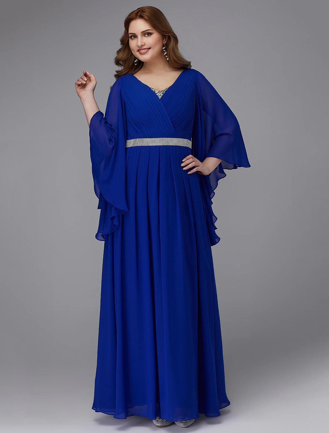 Luolandi A-Line Plus Size Dress Wedding Guest Formal Evening Floor Length Long Sleeve V Neck Chiffon Lace-up with Crystals