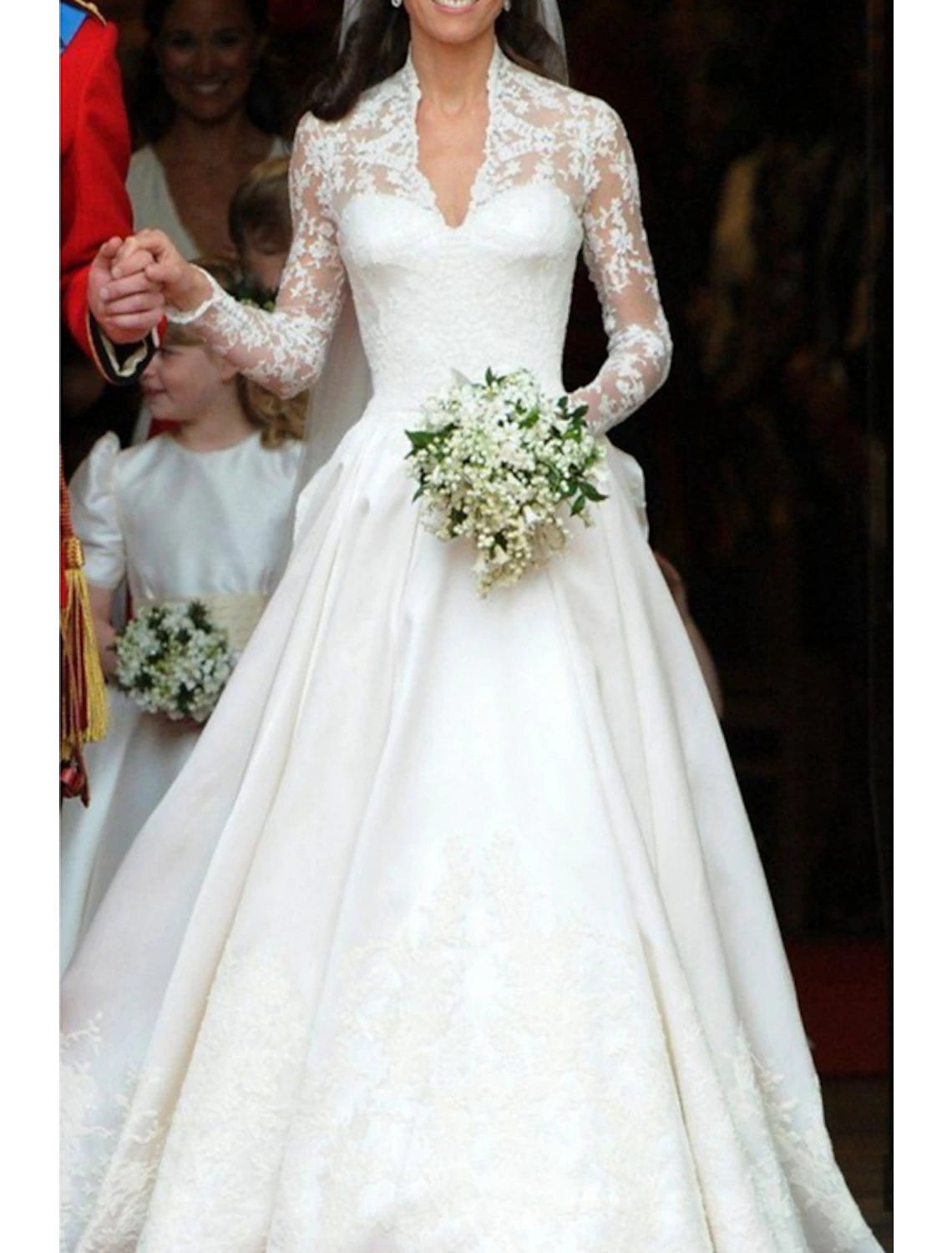Luolandi Engagement Formal Wedding Dresses A-Line Illusion Neck Long Sleeve Court Train Satin Bridal Gowns With Pleats
