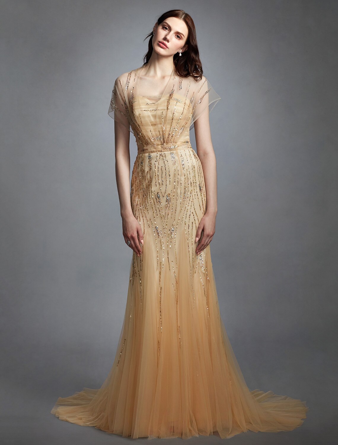 Luolandi Sheath / Column V Neck Sweep Train Tulle Made-To-Measure Wedding Dresses with Sequin