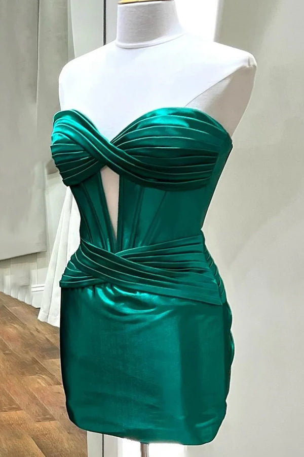 Luolandi Strapless Keyhole Ruched Satin Sheath Short Homecoming Dress Off Shoulder Sexy