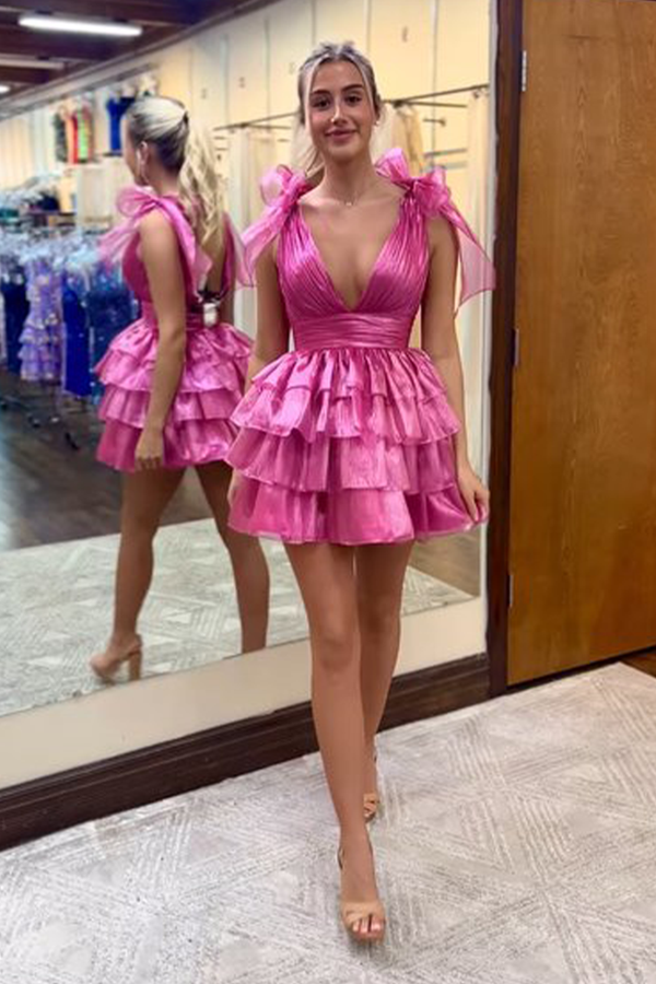 Luolandi Trendy Pink A-Line Tiered Homecoming Dress with Bow V-neck Sexy Party Dress