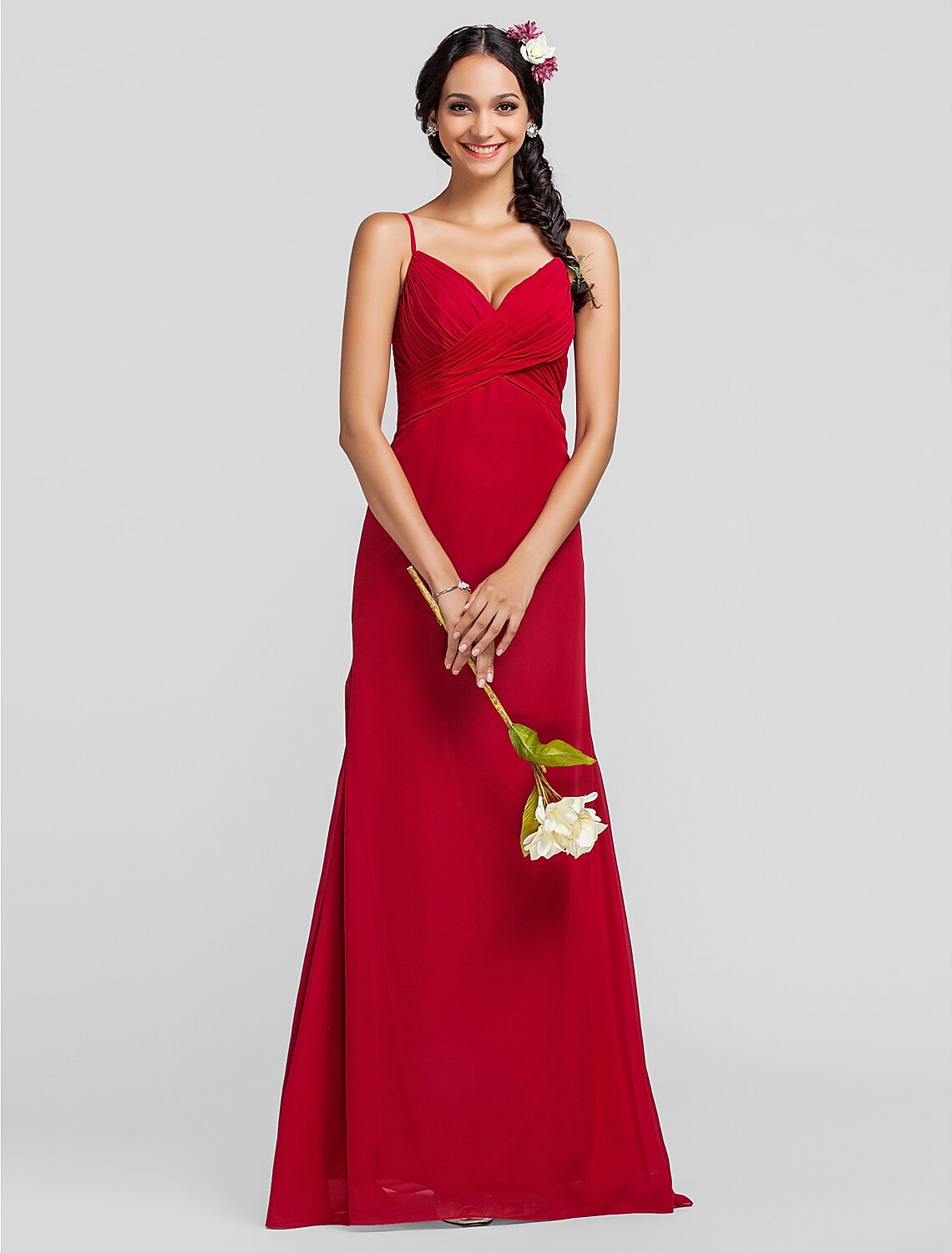 Luolandi Sheath Spaghetti Strap Floor Length Chiffon Bridesmaid Dress with Criss Cross