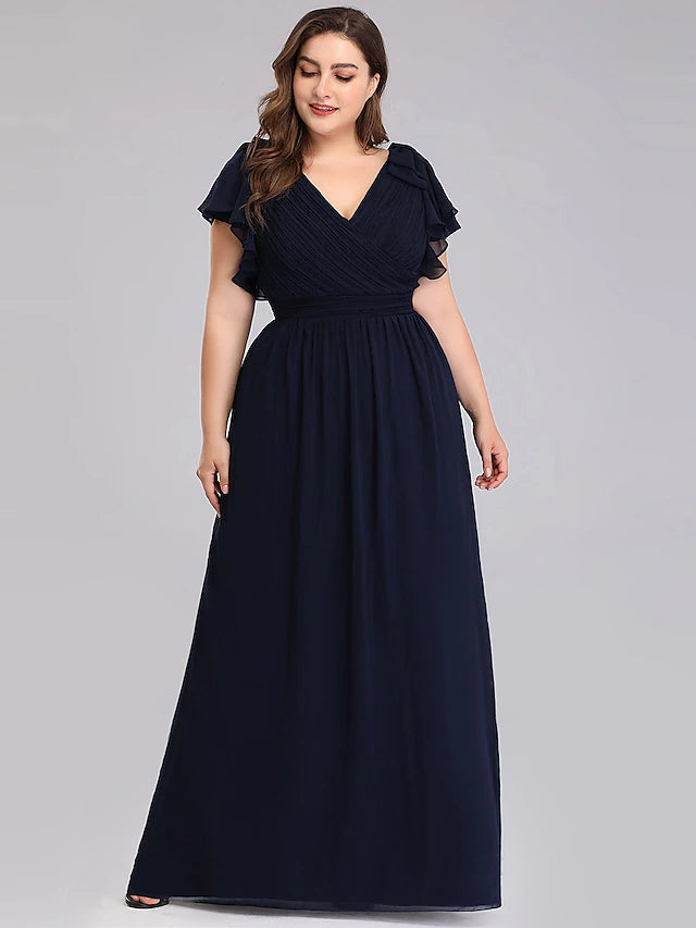 Luolandi A-Line Mother of the Bride Dress Plus Size V Neck Floor Length Chiffon Short Sleeve with Ruffles