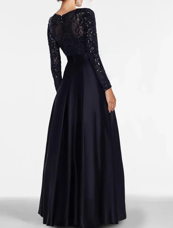 Luolandi A-Line Evening Gown Elegant Black Dress Plus Size Formal Sequin Satin Dress Black Tie Floor Length Long Sleeve Off Shoulder Fall Wedding Guest with Slit Pocket Sparkly