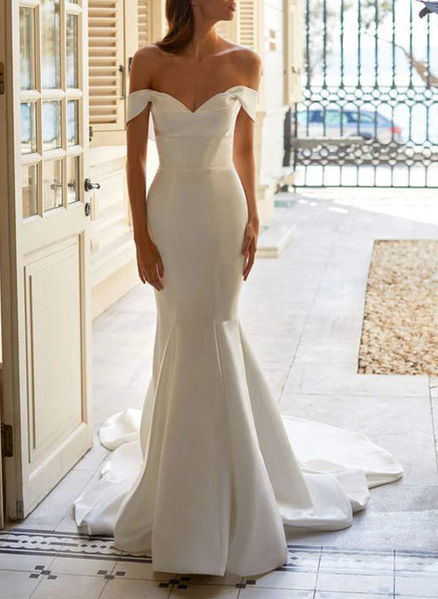 Luolandi Trumpet Mermaid Off-the-Shoulder Sweep Train Satin Wedding Dress Sexy