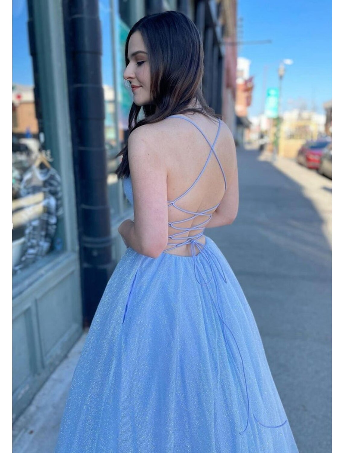 Luolandi Ball Gown A-Line Prom Dresses Sparkle & Shine Dress Formal Floor Length Sleeveless V Neck Tulle Backless