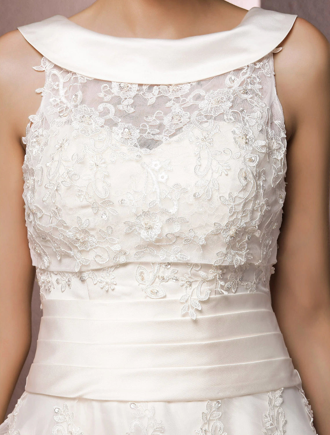 Luolandi Hall Wedding Dresses Tea Length A-Line Sleeveless Illusion Neck Lace With Pearl