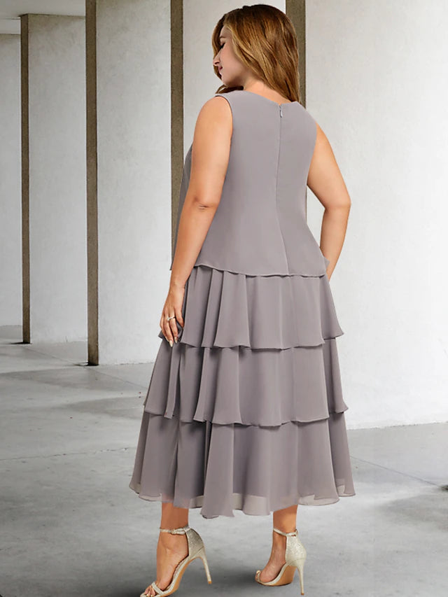 Luolandi Two Piece A-Line Plus Size Curve Mother of the Bride Dresses Elegant Dress Formal Tea Length Sleeveless Jewel Neck Chiffon with Appliques