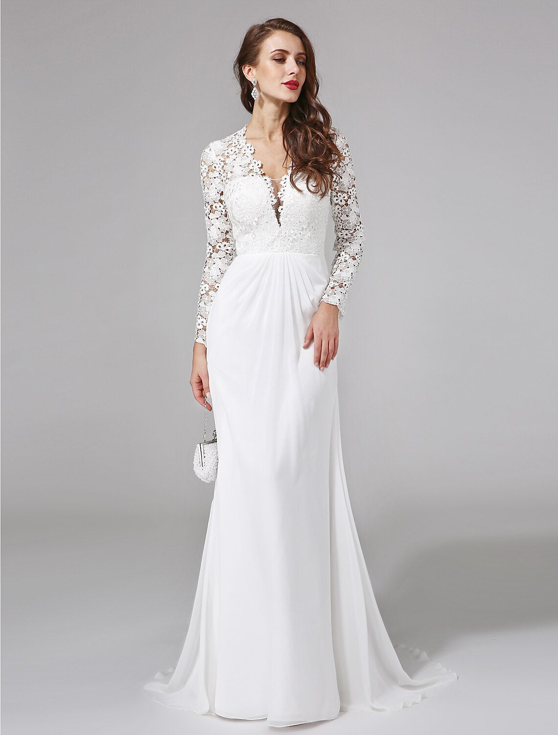 Luolandi Beach Royal Style Boho Wedding Dresses Sweep / Brush Train Sheath / Column Long Sleeve Illusion Neck Chiffon