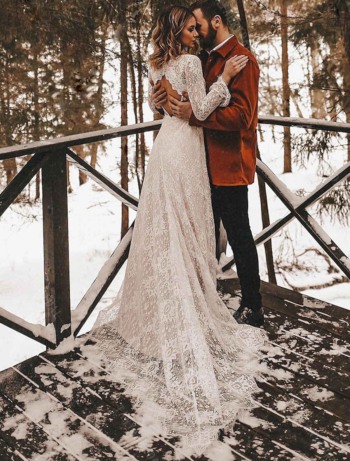 Luolandi A-Line Fall Wedding Dresses Vintage Long Sleeve V Neck Outdoor Romantic Bridal Gowns